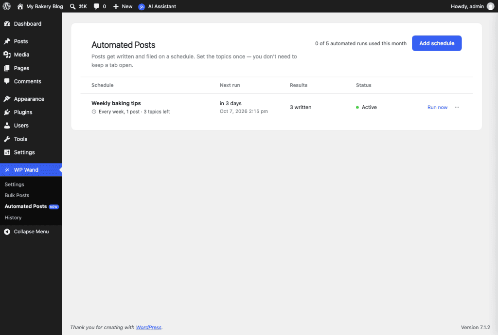 The Automated Posts screen