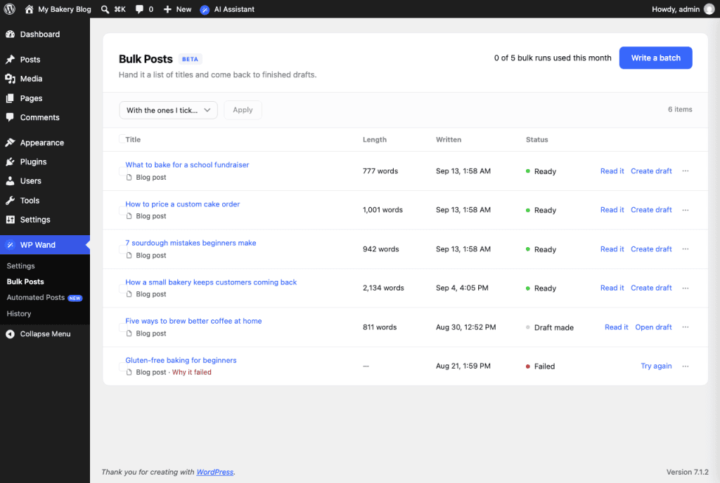 The Bulk Posts screen
