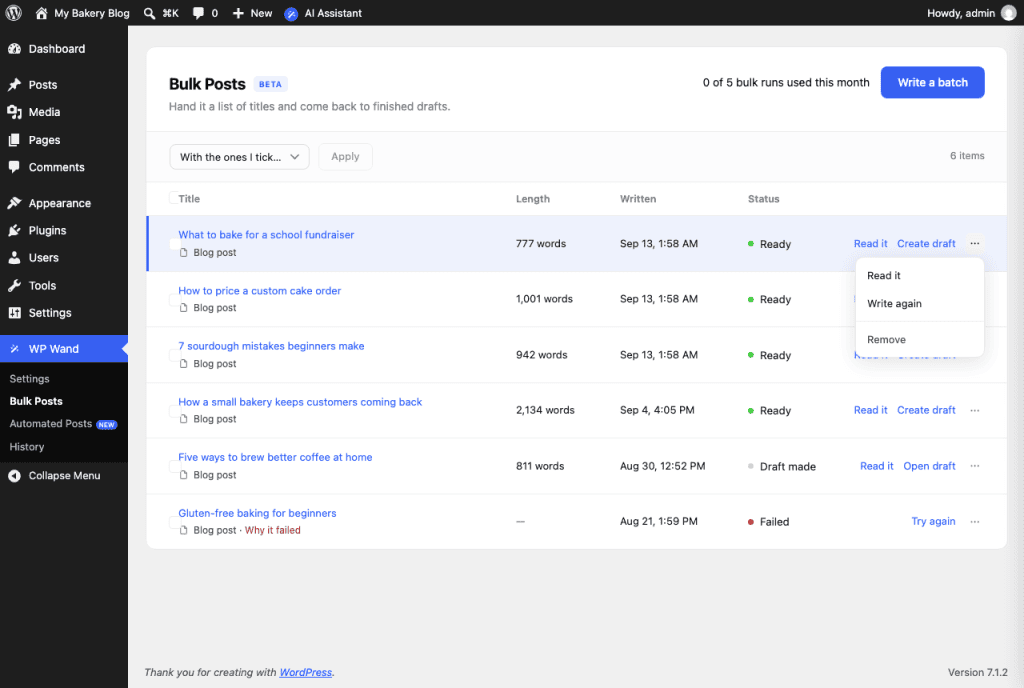 The menu on a finished post