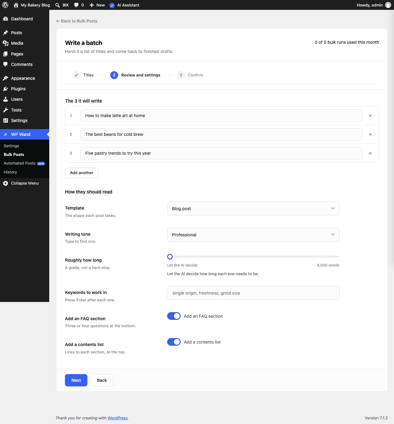 Step 2, the headlines and the settings