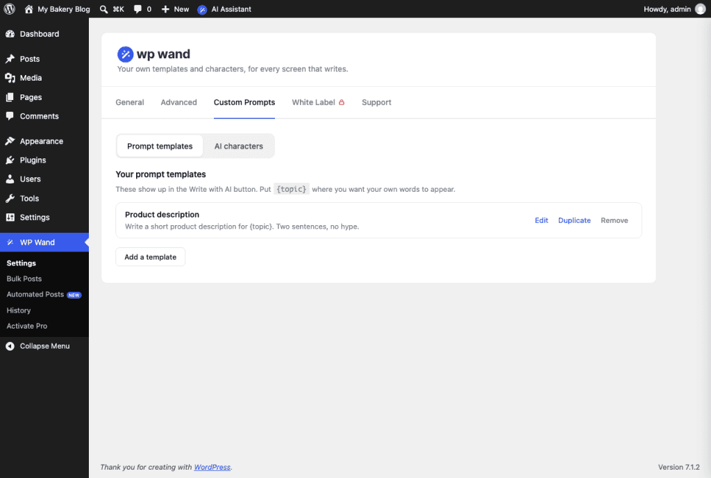 The Custom Prompts tab
